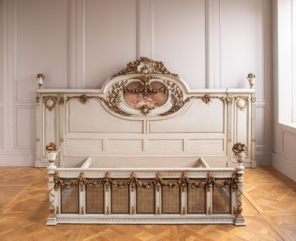 19th C. Neo Classic Large Bed With Gilt Work & Painted "Boucher" Style Cherubs - La Maison London