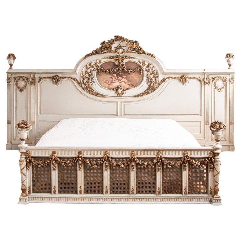 19th C. Neo Classic Large Bed With Gilt Work & Painted "Boucher" Style Cherubs - La Maison London