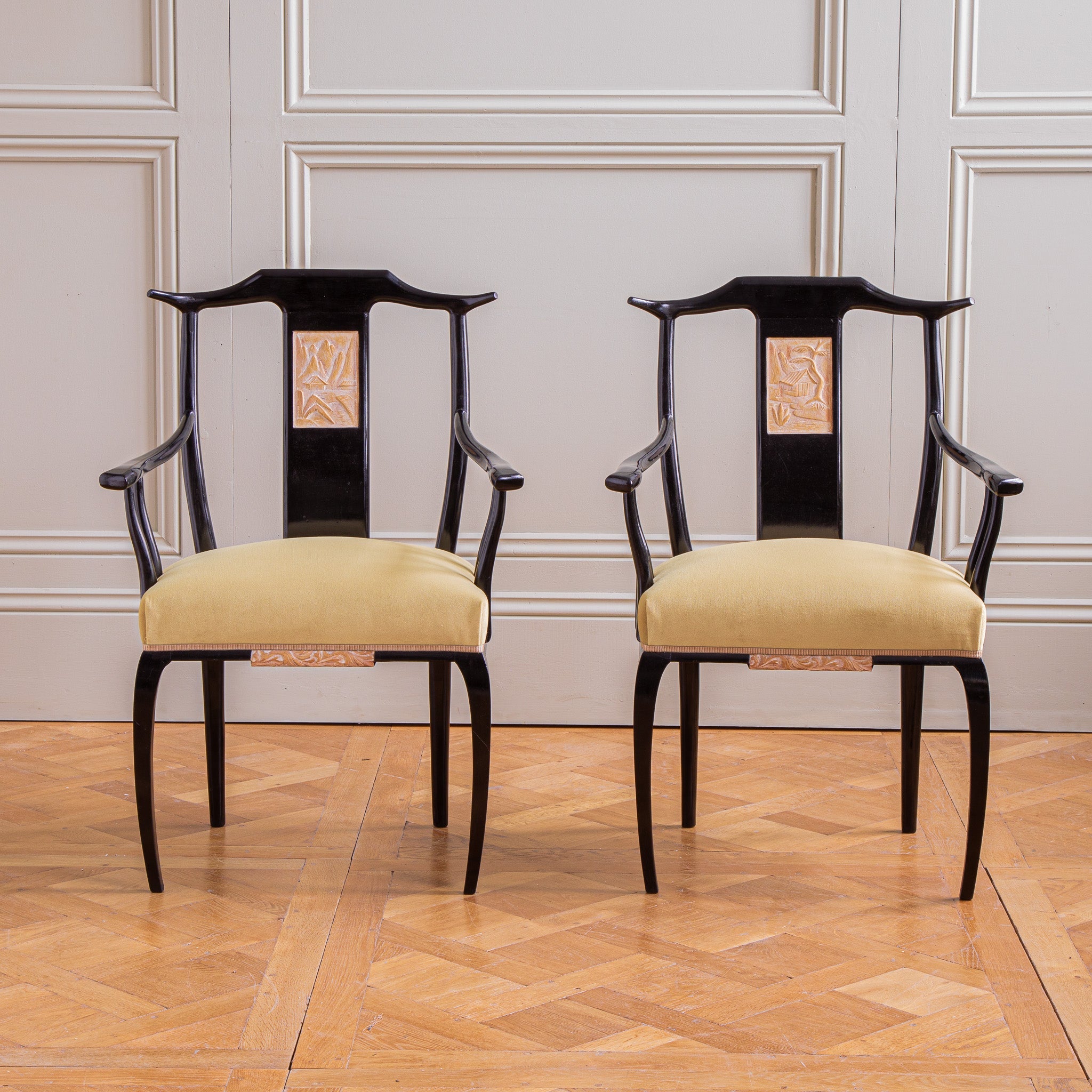 Mid Century Set Of 6 Black Lacquered French Dining Chairs in